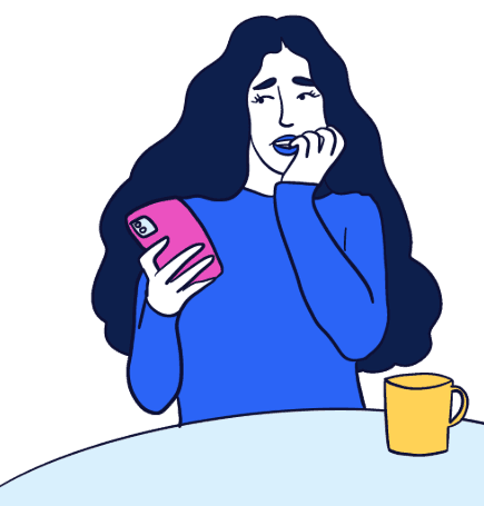 Ilustración de una mujer reflexionando con su teléfono y una taza sobre la mesa